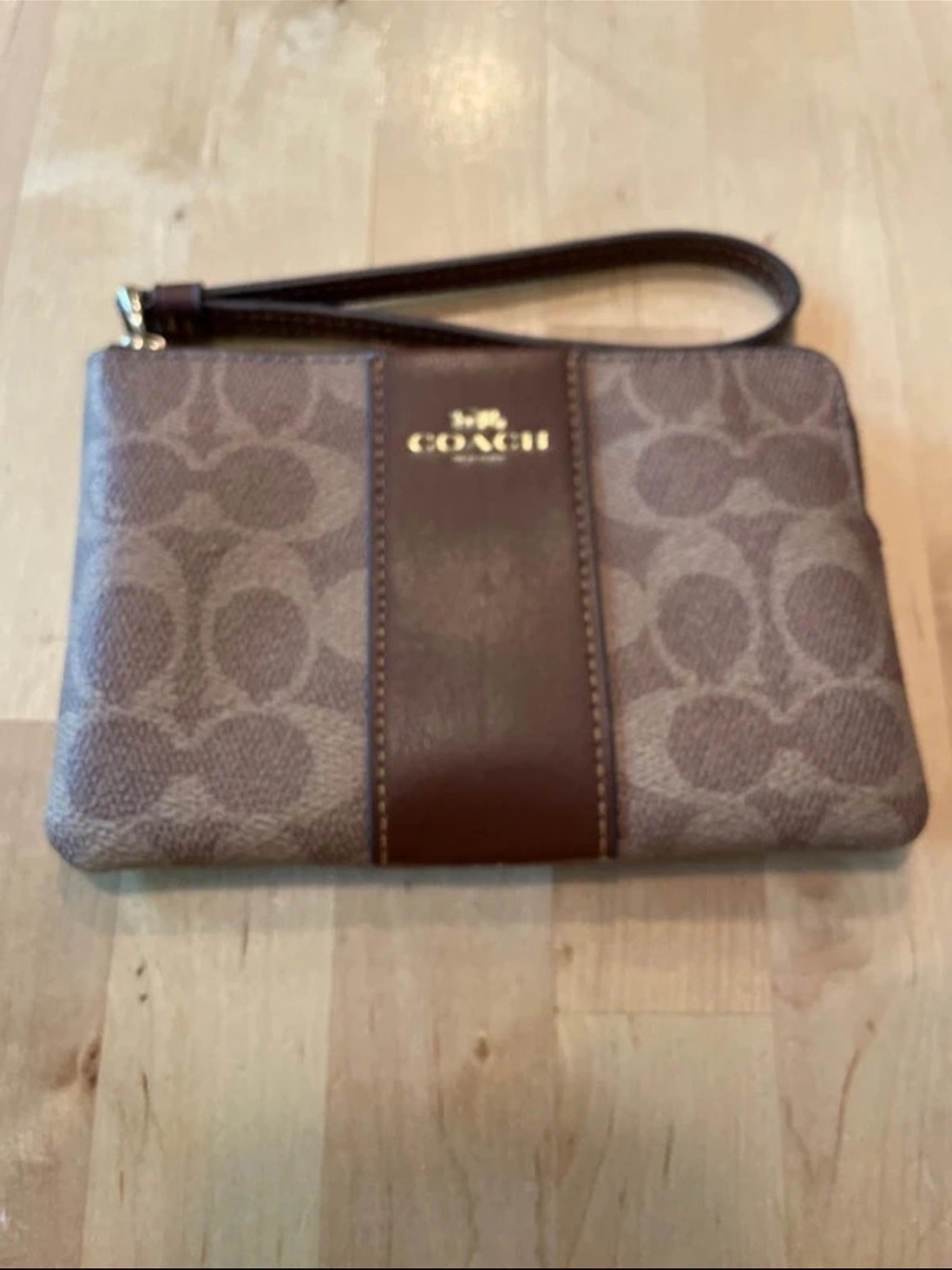 Coach Brown Signature Canvas Wristlet with Leather Stripe